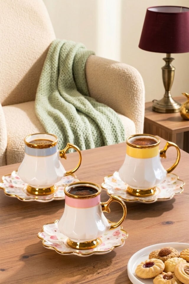 Porsima 16994 Fine Altın Yaldızlı Porselen 6 Kişilik Fincan Seti 12 Parça Türk Kahvesi Fincanı Takımı-75ml