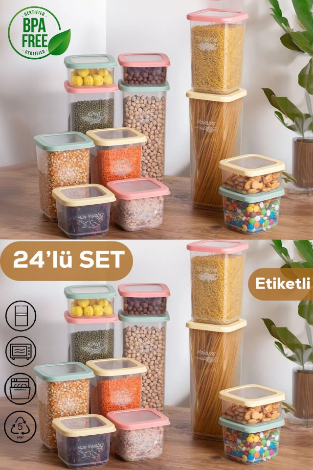 Porsima 1036 Rainbow 24'lü Etiketli Renkli Kapaklı Gıda Kavanoz Saklama Kabı Seti Erzak Kabı Organizer