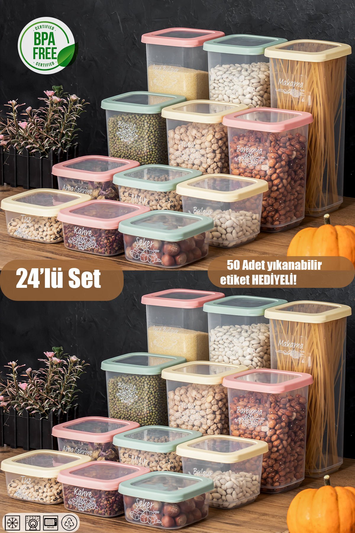 Porsima 1036 Rainbow 24'lü Etiketli Renkli Kapaklı Gıda Kavanoz Saklama Kabı Seti Erzak Kabı Organizer