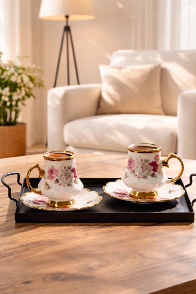 Perotti 16985 Otto Altın Yaldızlı Porselen 6 Kişilik Fincan Seti 12 Parça Türk Kahvesi Fincanı Takımı-75ml