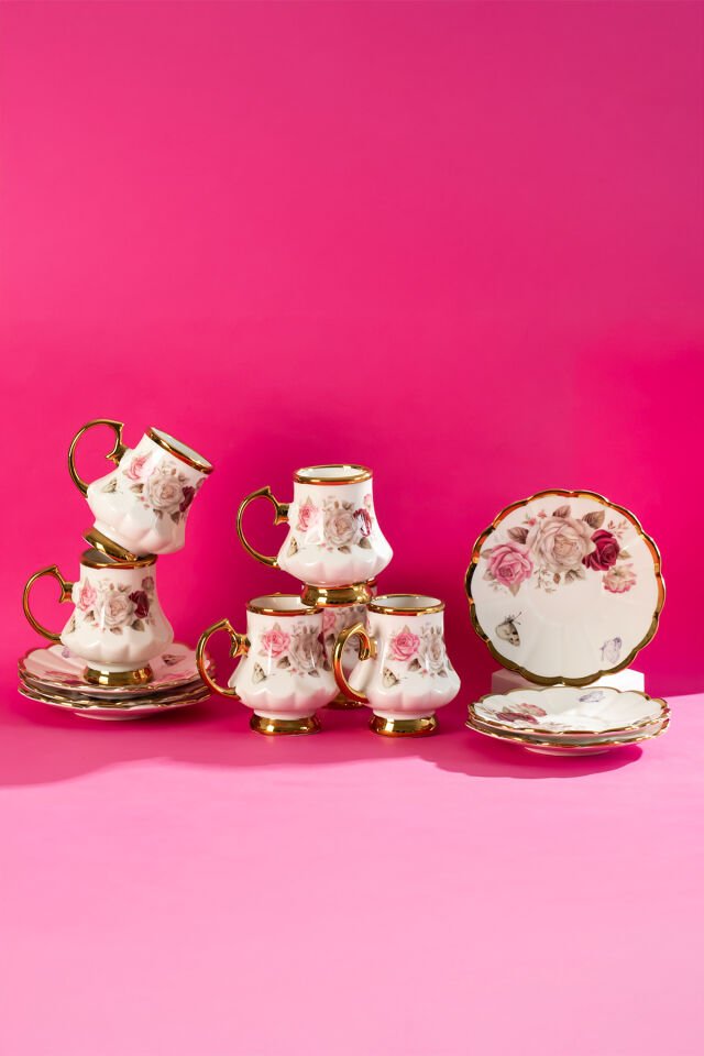 Perotti 16985 Otto Altın Yaldızlı Porselen 6 Kişilik Fincan Seti 12 Parça Türk Kahvesi Fincanı Takımı-75ml