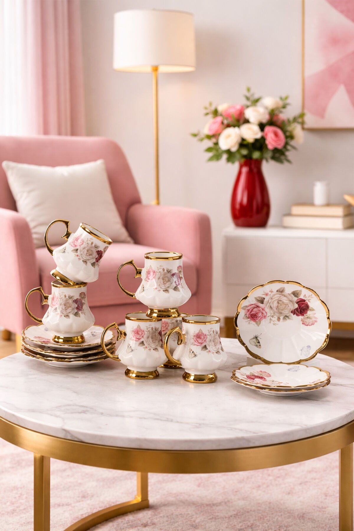 Perotti 16985 Otto Altın Yaldızlı Porselen 6 Kişilik Fincan Seti 12 Parça Türk Kahvesi Fincanı Takımı-75ml