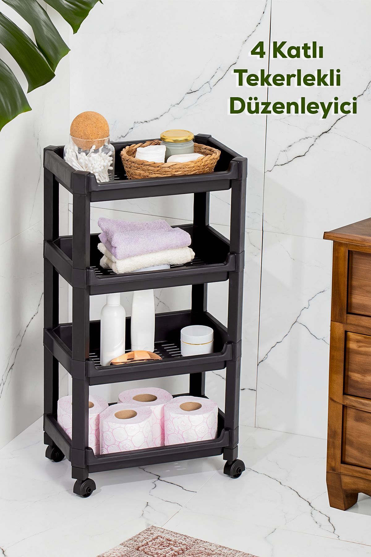 Porsima RAFTY-74-ECO-1 Tekerlekli 4Katlı Düzenleyici- Banyo Mutfak Organizer Raf - 35,5 x 22 x 67 cm- Siyah