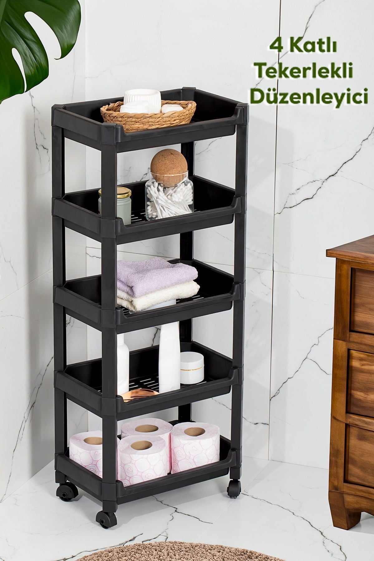 Porsima RAFTY-75-ECO-1 Tekerlekli 5 Katlı Düzenleyici-Banyo Mutfak Organizer Raf - 35,5 x 22 x 85 cm - Siyah
