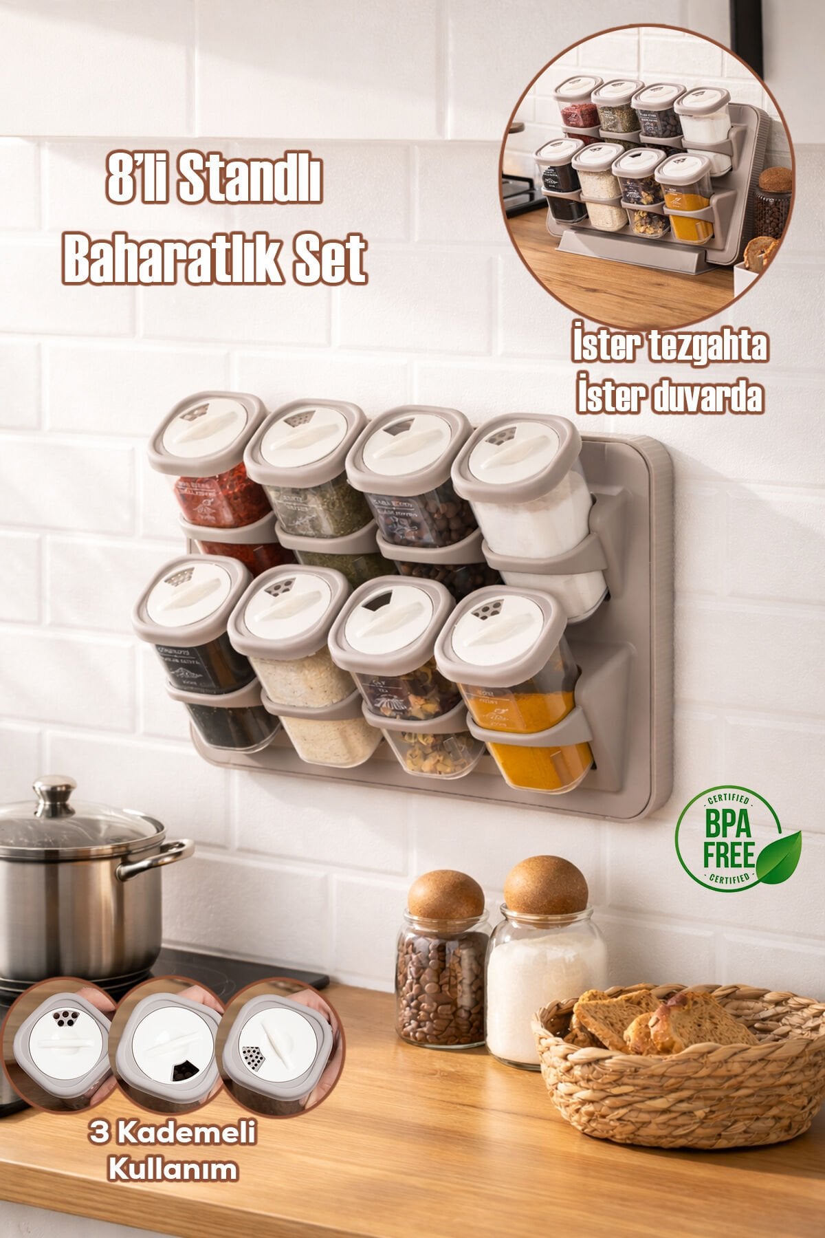 Porsima 5340 8li Etiketli Asmalı Kendinden Yapışkanlı Tezgah Üstü Standlı Döner Kapaklı Baharatlık Seti
