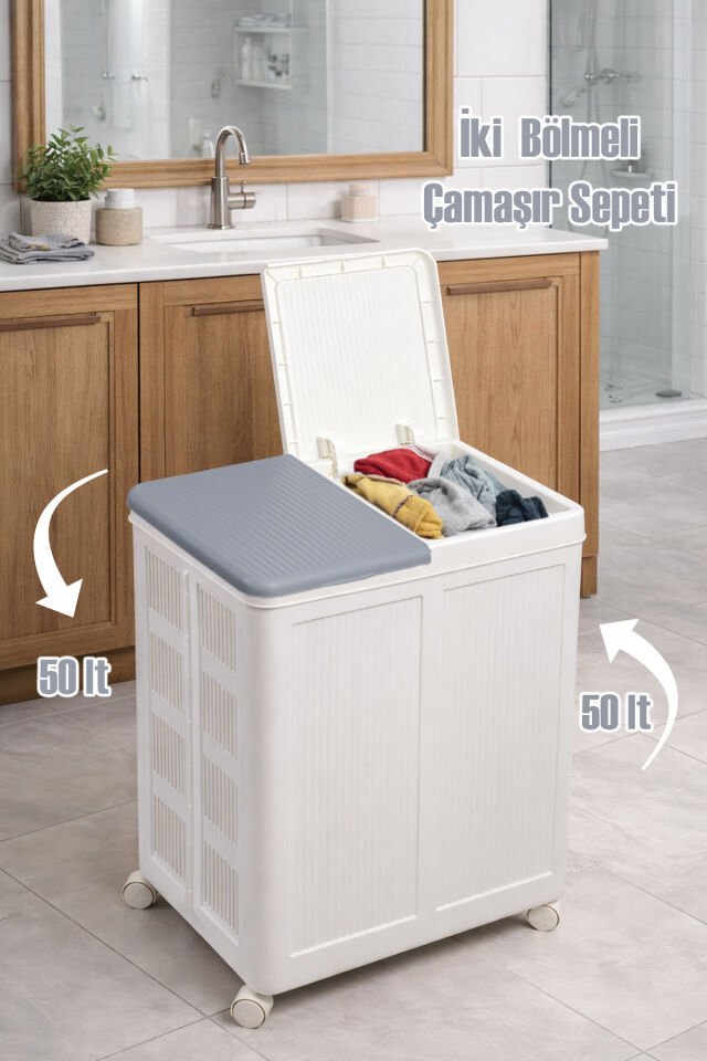 Porsima Tekerlekli Katlanabilir İki Bölmeli Çamaşır Sepeti - Çift Bölmeli Kirli Sepeti Beyaz-Gri 100lt