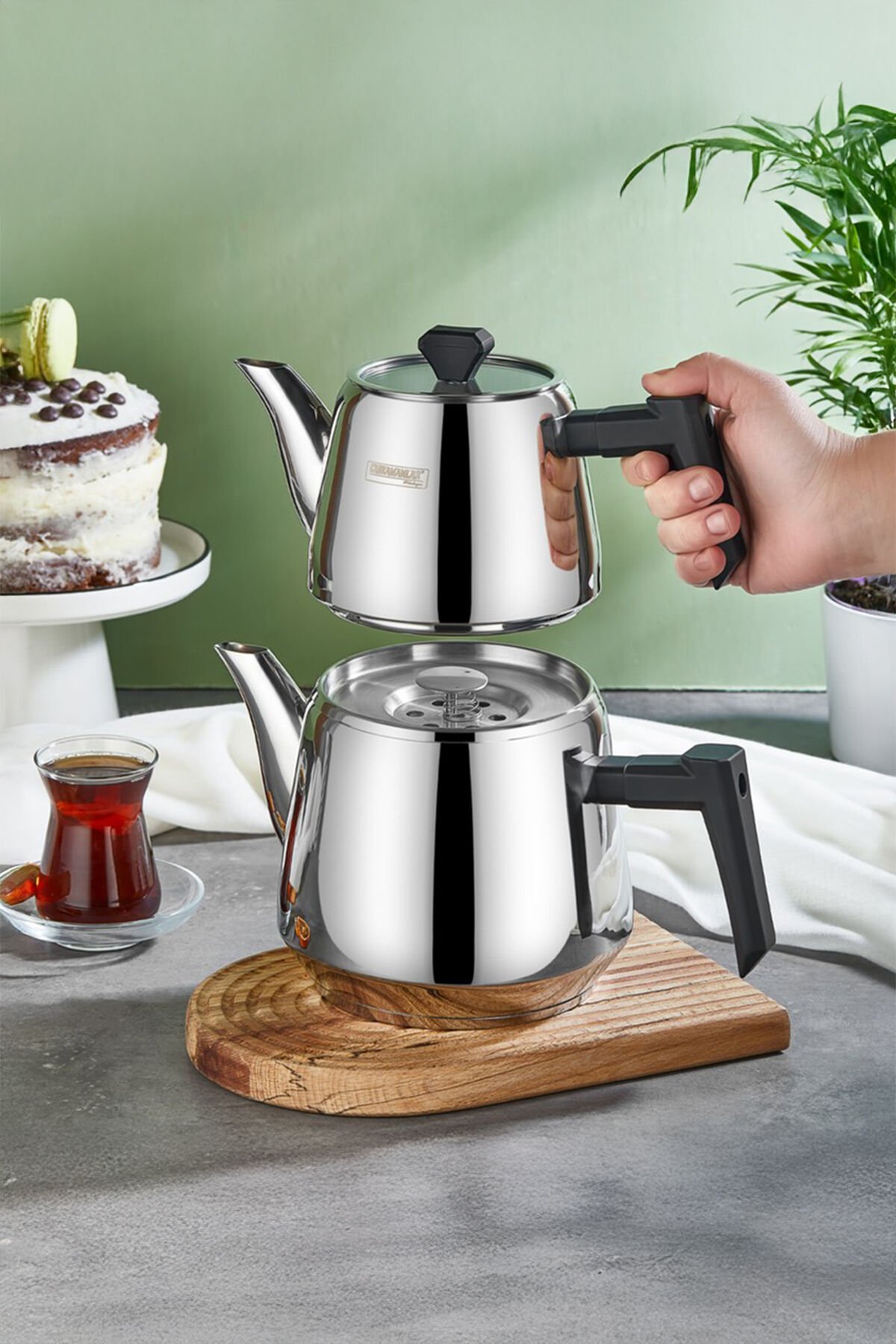 Porsima 1034 Luna Bakalit Kulp Orta Boy Paslanmaz Çelik Çaydanlık Takımı - 1,15-2,25Lt