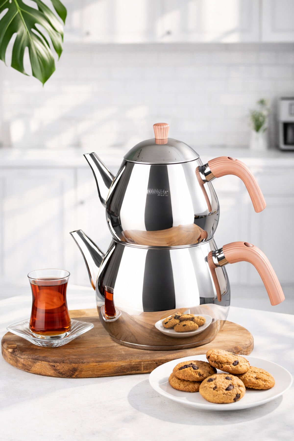 Porsima 1030-1 Damla Bakalit Kulp Mega Boy Paslanmaz Çelik Çaydanlık Takımı - Rose - 1,80-2,80Lt