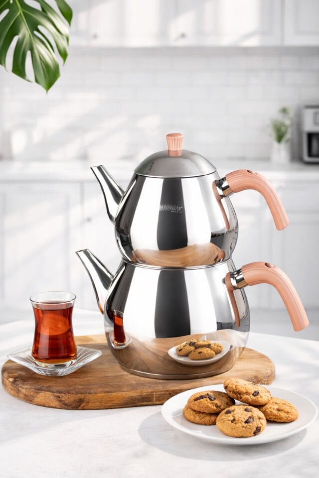 Porsima 1030-1 Damla Bakalit Kulp Mega Boy Paslanmaz Çelik Çaydanlık Takımı - Rose - 1,80-2,80Lt