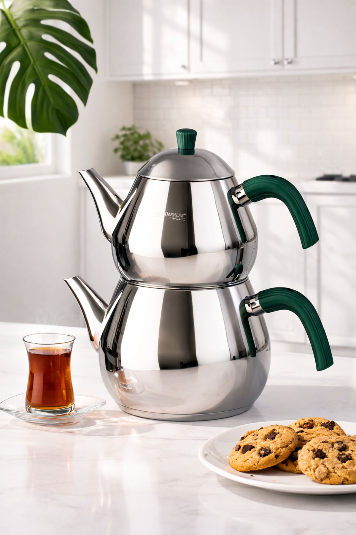 Porsima 1030-2 Damla Bakalit Kulp Mega Boy Paslanmaz Çelik Çaydanlık Takımı - Yeşil - 1,80-2,80Lt