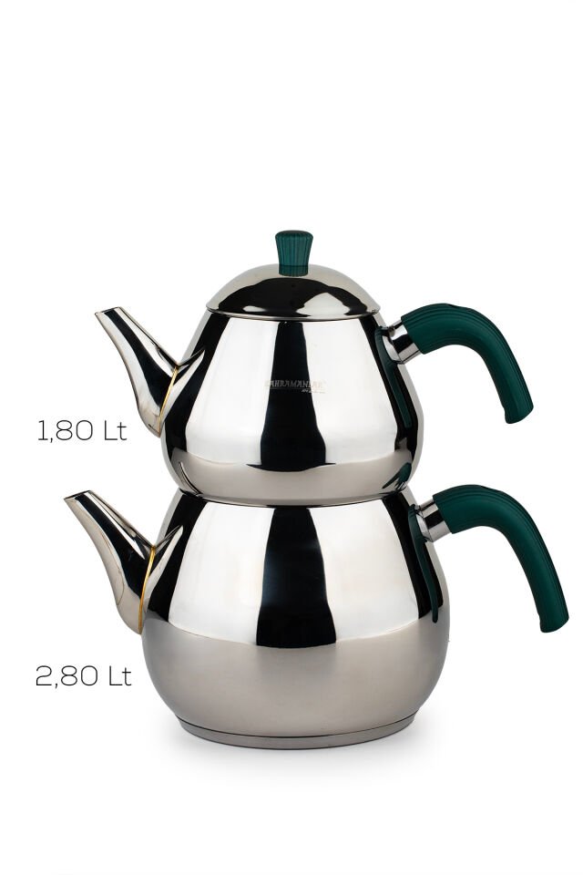 Porsima 1030-2 Damla Bakalit Kulp Mega Boy Paslanmaz Çelik Çaydanlık Takımı - Yeşil - 1,80-2,80Lt