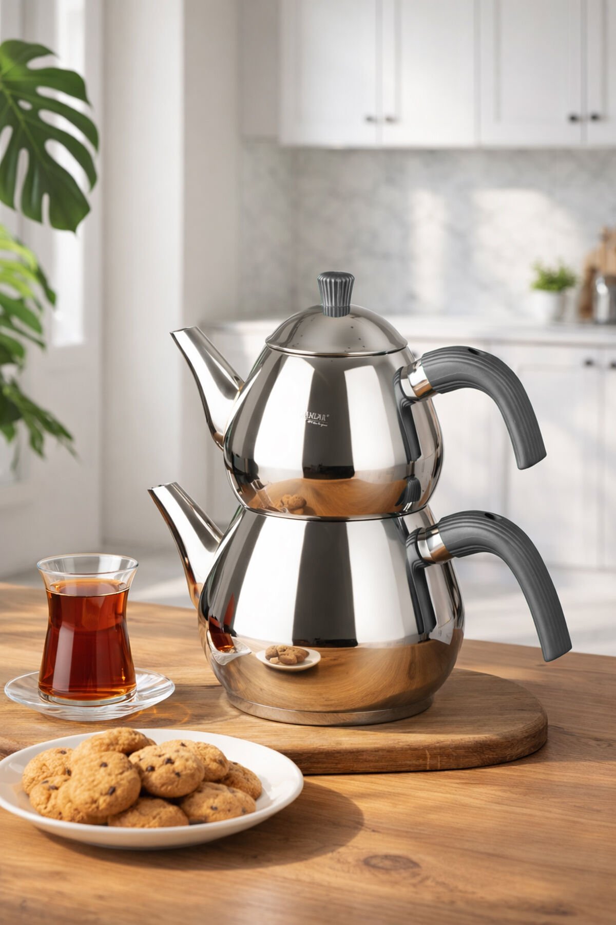 Porsima 1029 Damla Bakalit Kulp Orta Boy Paslanmaz Çelik Çaydanlık Takımı - Antrasit - 1.25-2.00Lt