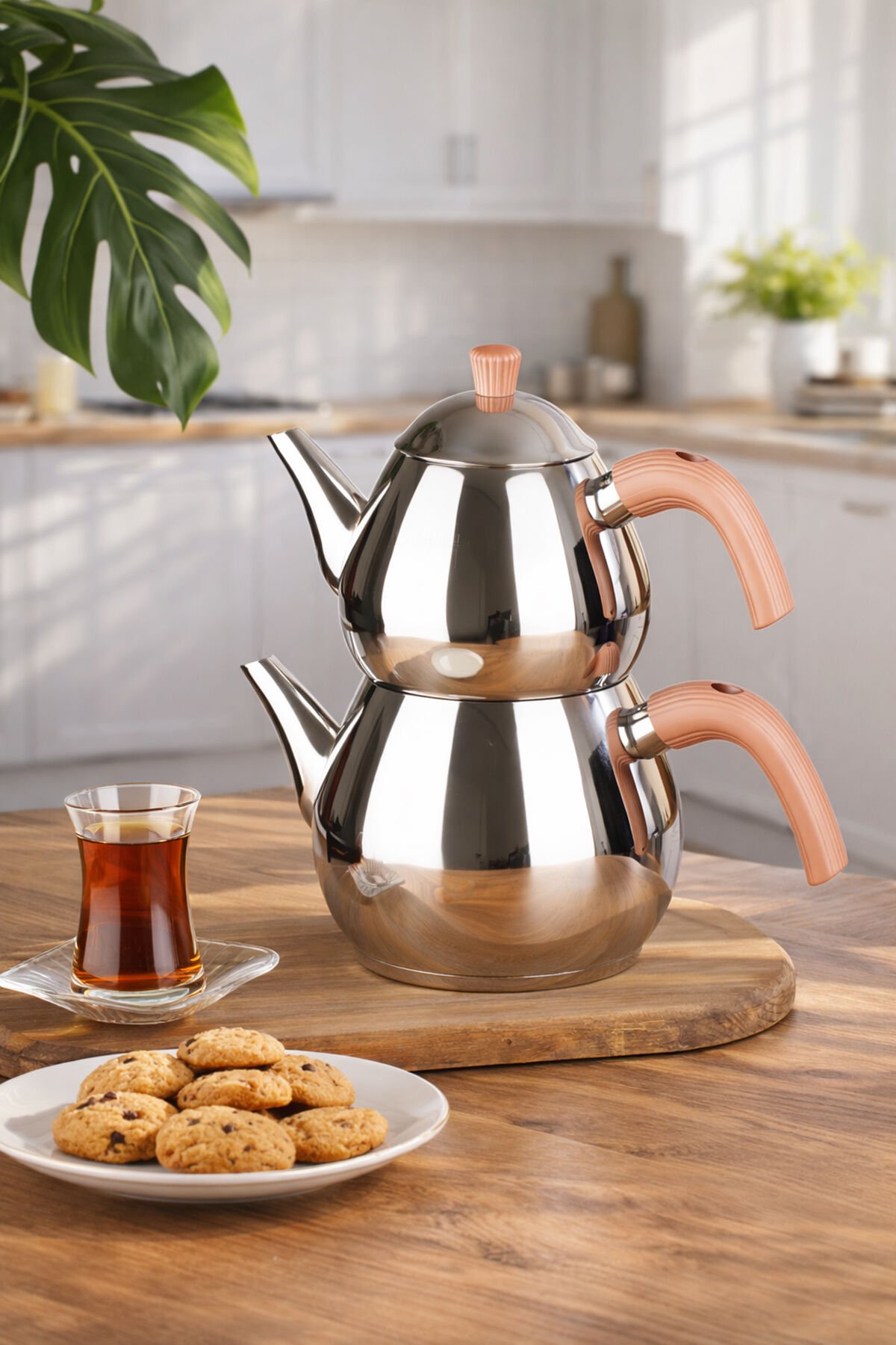 Porsima 1029-1 Damla Bakalit Kulp Orta Boy Paslanmaz Çelik Çaydanlık Takımı - Rose - 1.25-2.00Lt