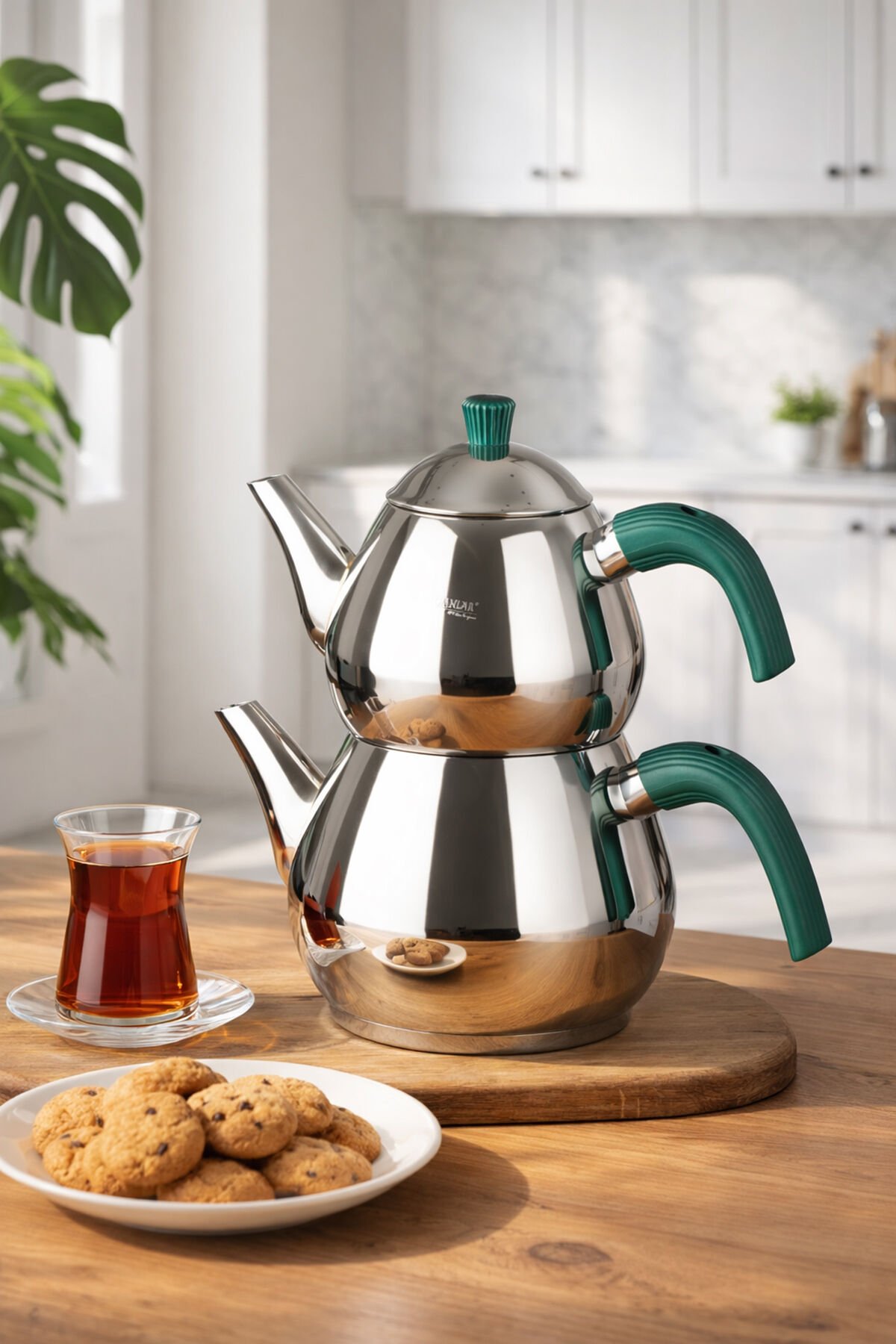 Porsima 1029-2 Damla Bakalit Kulp Orta Boy Paslanmaz Çelik Çaydanlık Takımı - Yeşil - 1.25-2.00Lt