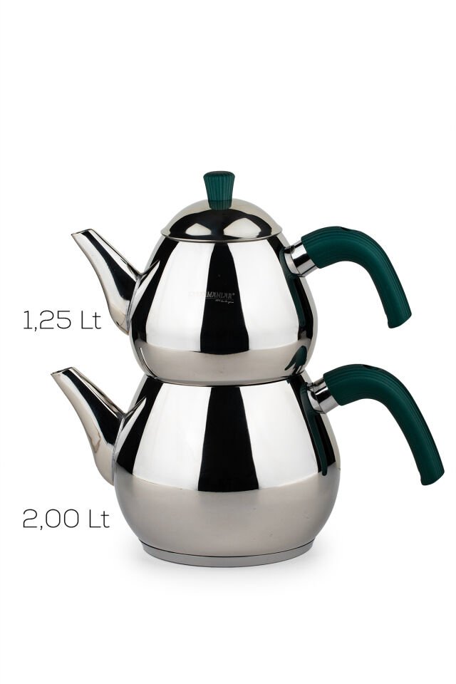 Porsima 1029-2 Damla Bakalit Kulp Orta Boy Paslanmaz Çelik Çaydanlık Takımı - Yeşil - 1.25-2.00Lt