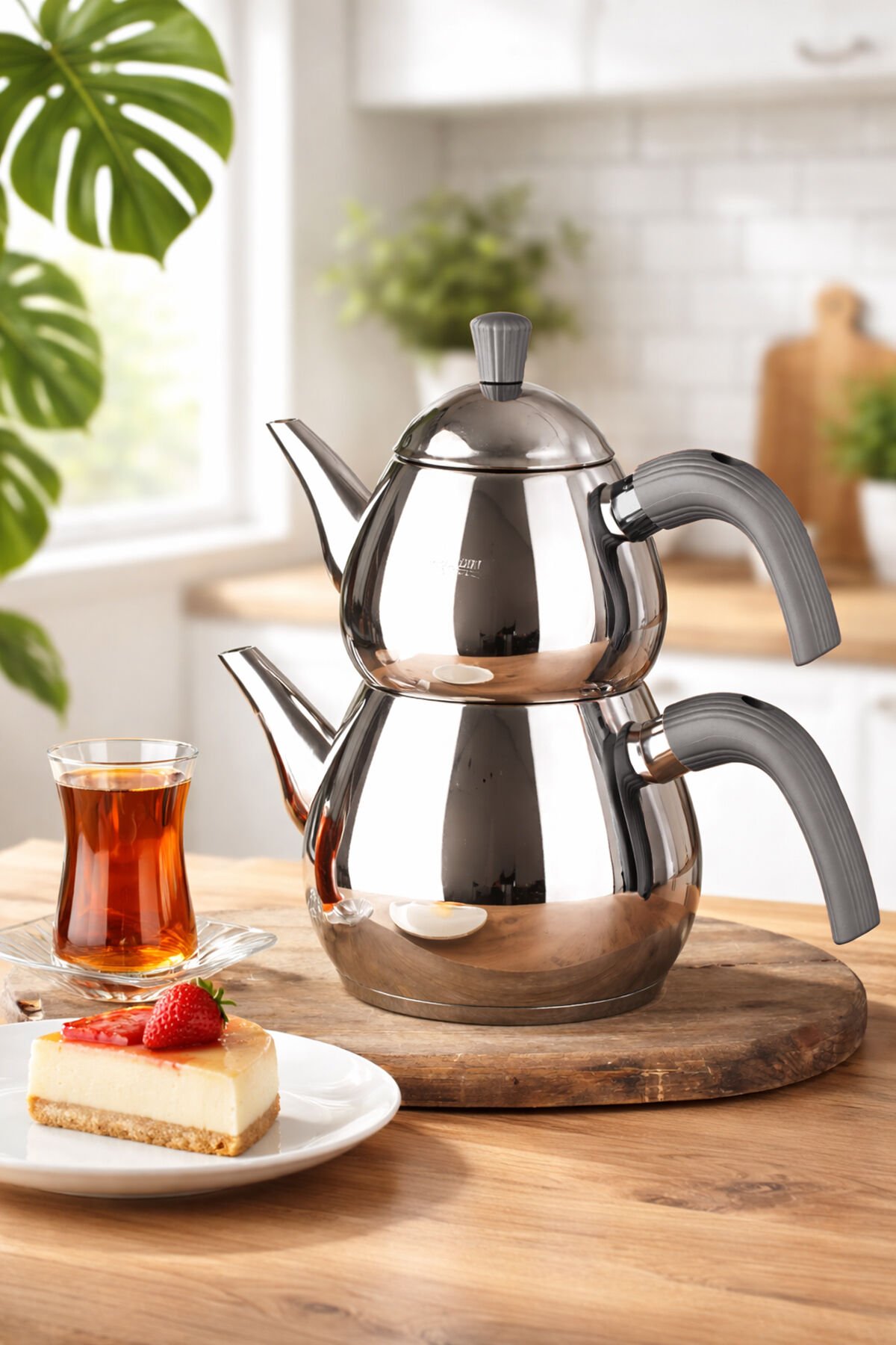 Porsima 1028 Damla Bakalit Kulp Orta Boy Paslanmaz Çelik Çaydanlık Takımı - Antrasit - 0.75-1.50Lt