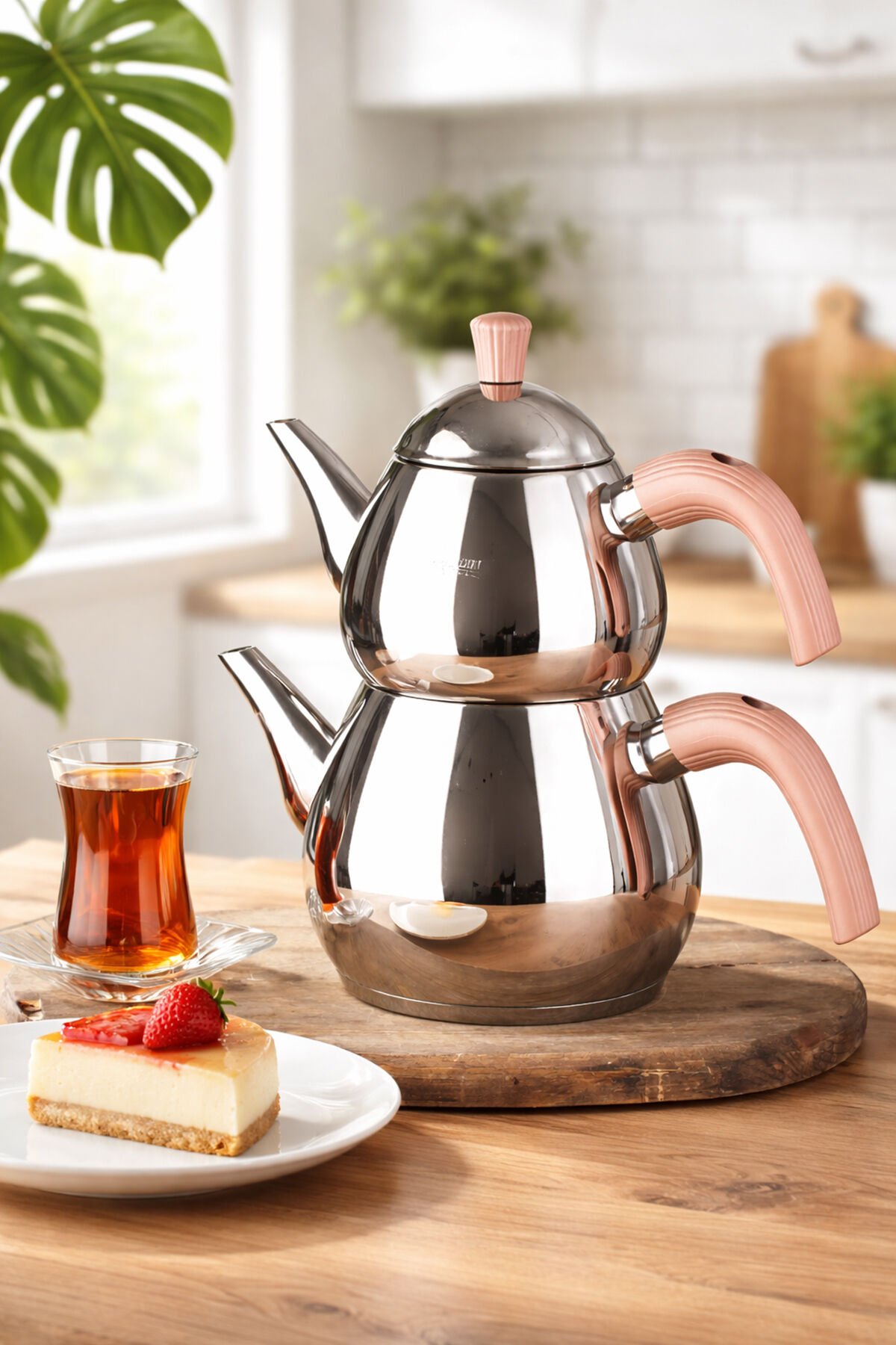 Porsima 1028-1 Damla Bakalit Kulp Orta Boy Paslanmaz Çelik Çaydanlık Takımı - Rose - 0.75-1.50Lt