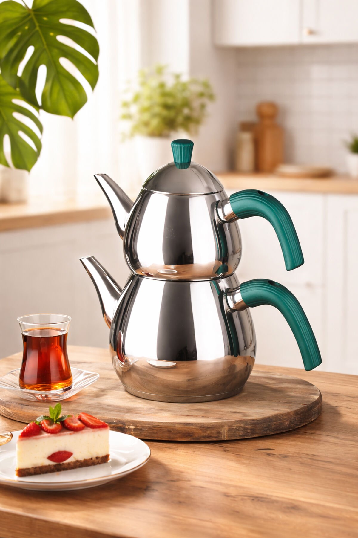 Porsima 1028-2 Damla Bakalit Kulp Orta Boy Paslanmaz Çelik Çaydanlık Takımı - Yeşil - 0.75-1.50Lt