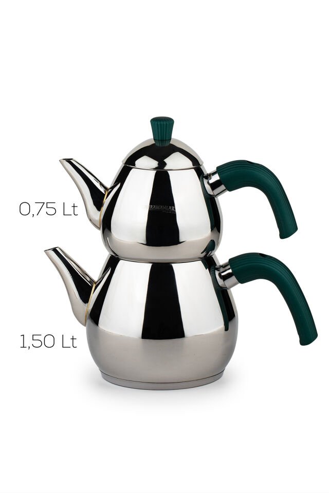 Porsima 1028-2 Damla Bakalit Kulp Orta Boy Paslanmaz Çelik Çaydanlık Takımı - Yeşil - 0.75-1.50Lt