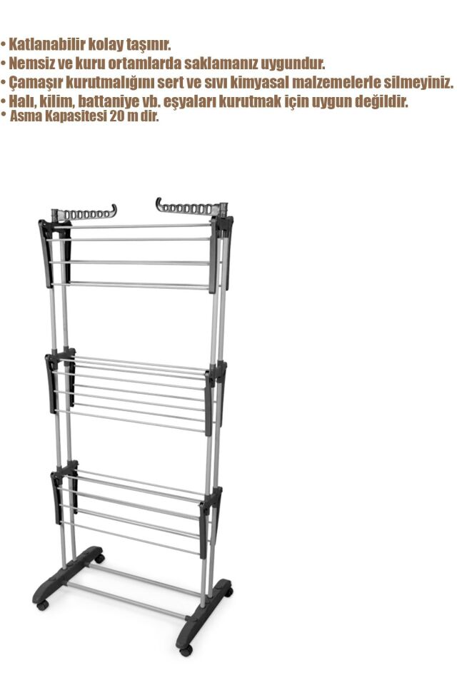 Perilla Tiga Fits 3 Katlı Tekerlekli Metal Çamaşır Kurutmalık Siyah