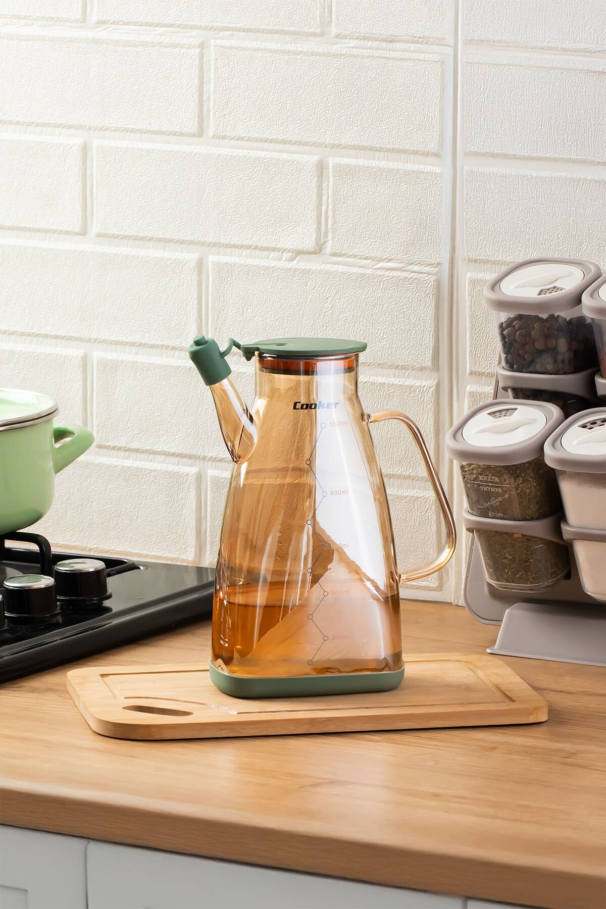 Porsima 3853 Renkli Borosilikat Cam Zeytinyağ Şişesi - Yağlık ve Sirkelik Yeşil 1lt