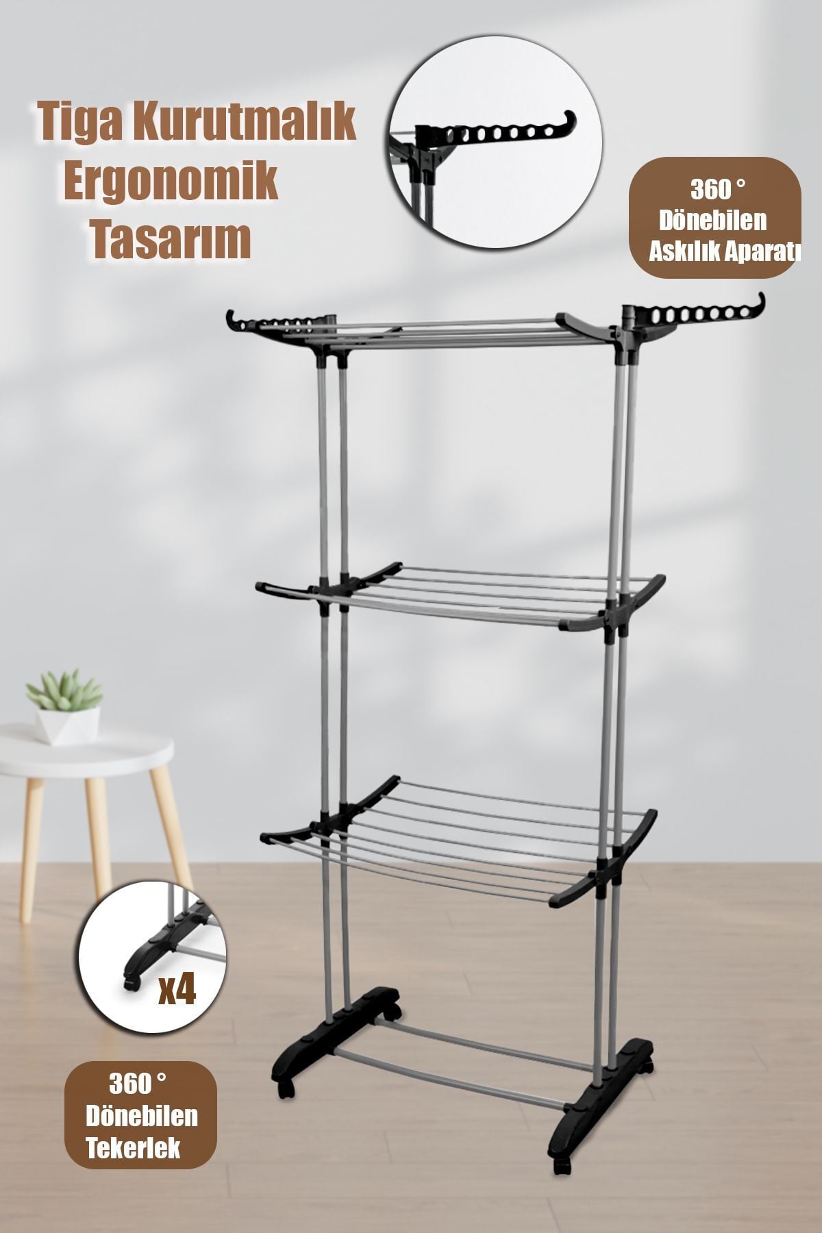 Perilla Tiga Fits 3 Katlı Tekerlekli Metal Çamaşır Kurutmalık Siyah