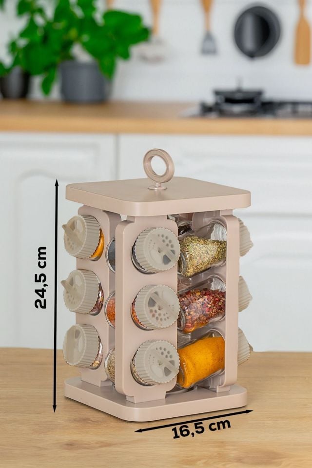 Porsima 1079 Kare Döner Standlı Dönerli Kapaklı 12'li Cam Baharatlık Seti Takımı-cappuccino