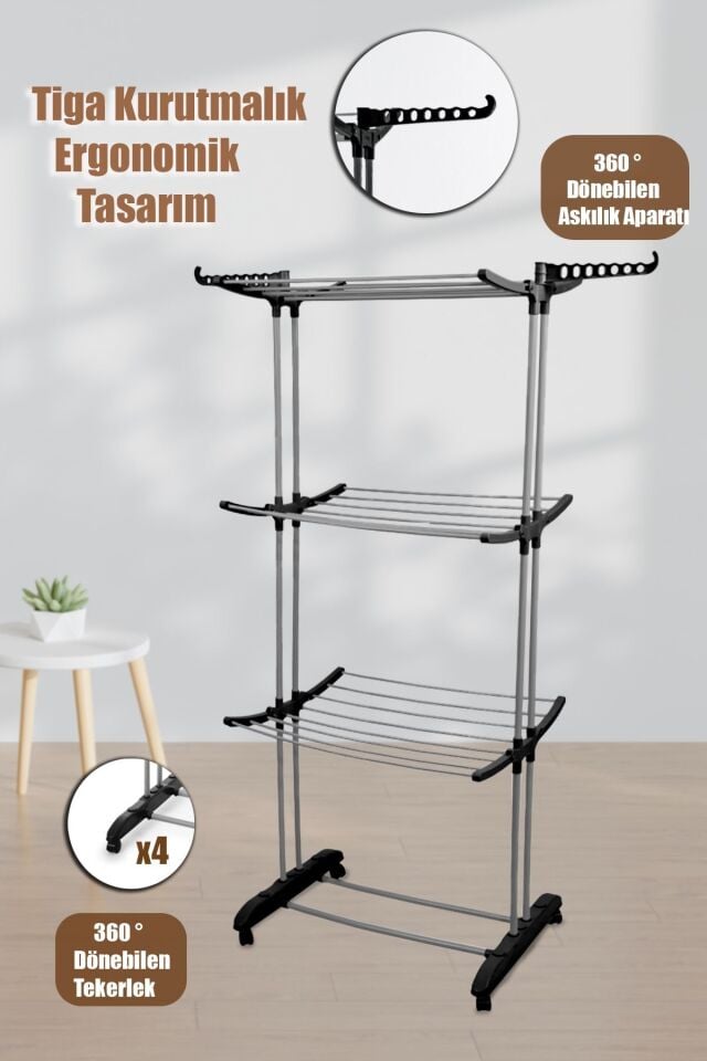 Perilla Tiga Fits 3 Katlı Tekerlekli Metal Çamaşır Kurutmalık Siyah