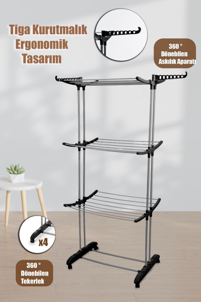 Perilla Tiga Fits 3 Katlı Tekerlekli Metal Çamaşır Kurutmalık Siyah