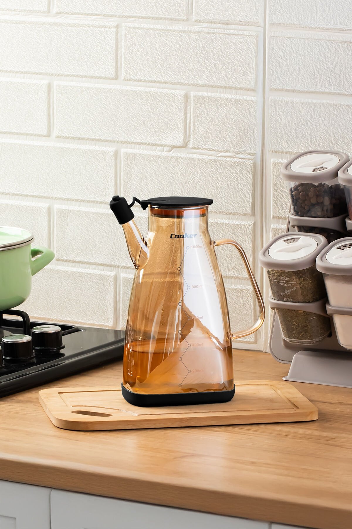 Porsima 3853-1 Renkli Borosilikat Cam Zeytinyağ Şişesi - Yağlık ve Sirkelik Siyah 1lt