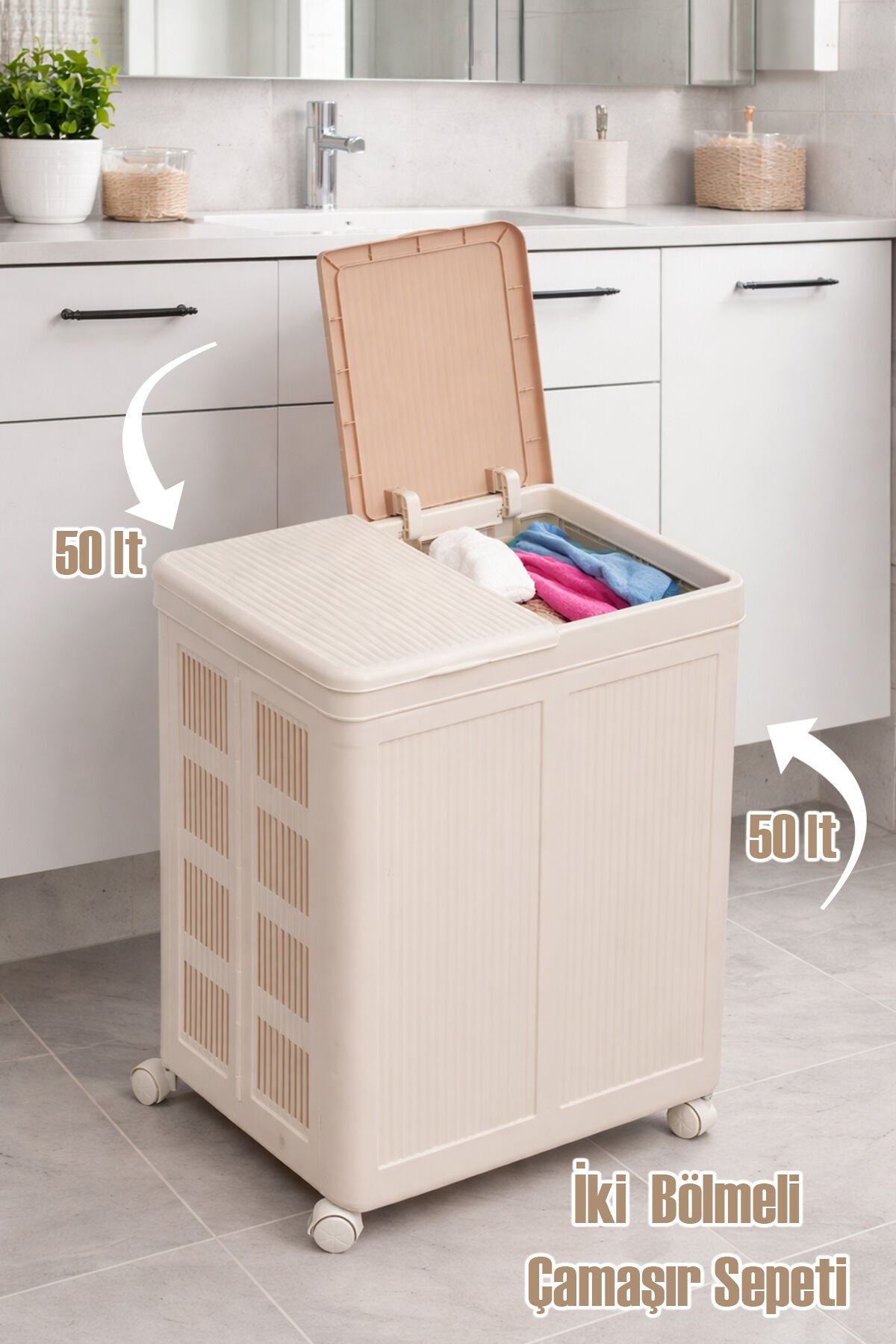 Porsima Tekerlekli Katlanabilir İki Bölmeli Çamaşır Sepeti - Çift Bölmeli Kirli Sepeti Krem 100lt