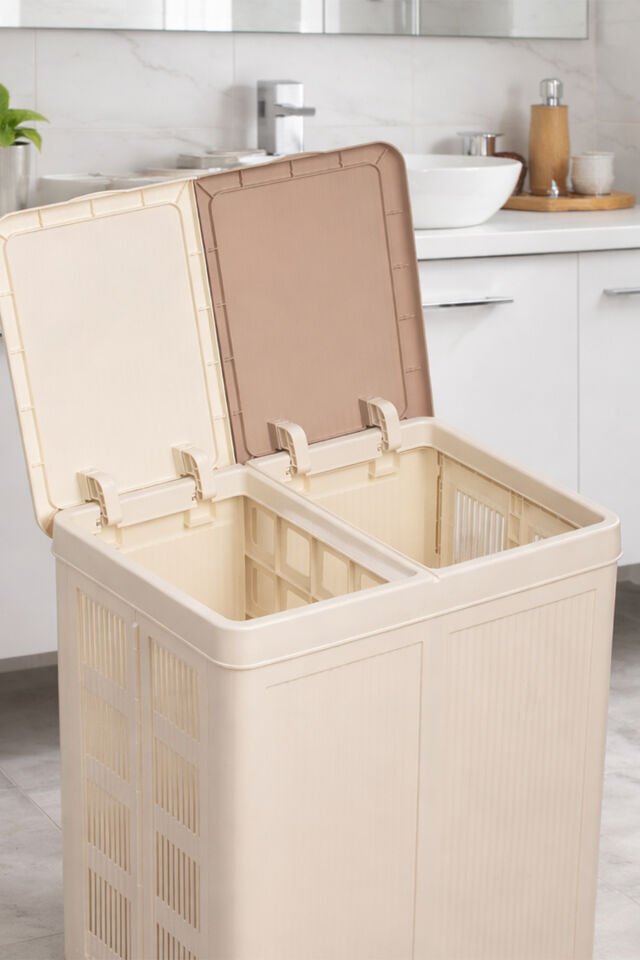 Porsima Tekerlekli Katlanabilir İki Bölmeli Çamaşır Sepeti - Çift Bölmeli Kirli Sepeti Krem 100lt