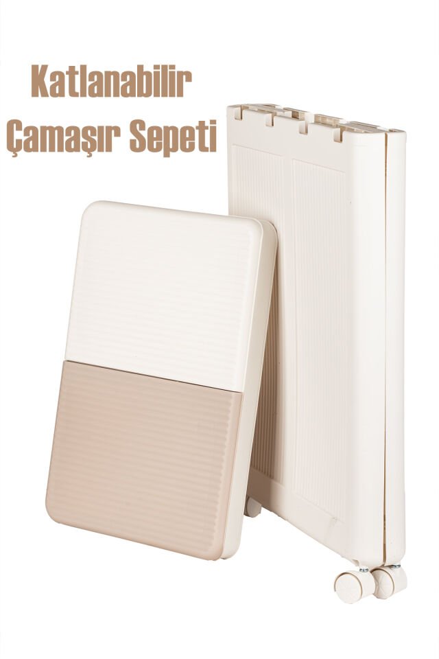 Porsima Tekerlekli Katlanabilir İki Bölmeli Çamaşır Sepeti - Çift Bölmeli Kirli Sepeti Krem 100lt