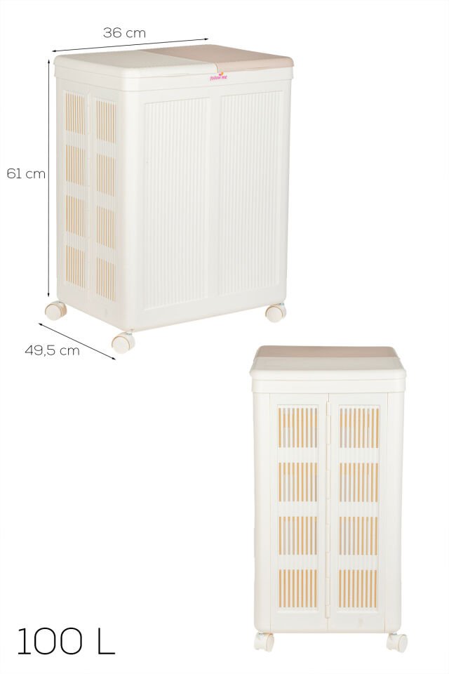 Porsima Tekerlekli Katlanabilir İki Bölmeli Çamaşır Sepeti - Çift Bölmeli Kirli Sepeti Krem 100lt