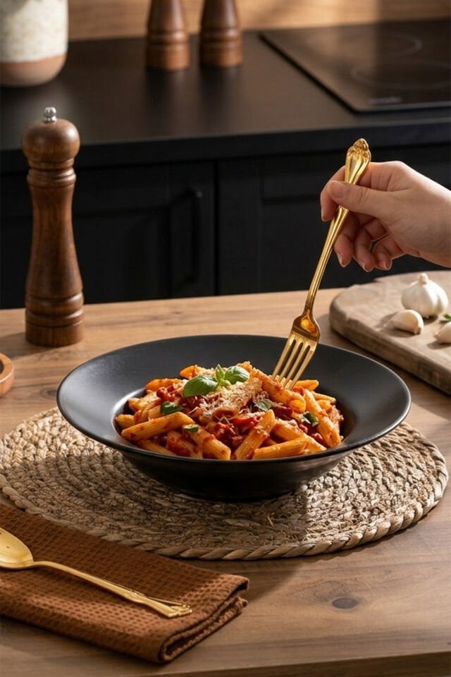 Porsima 0220-1 Delta Büyük Boy Seramik Makarna Tabağı Siyah 26.5cm