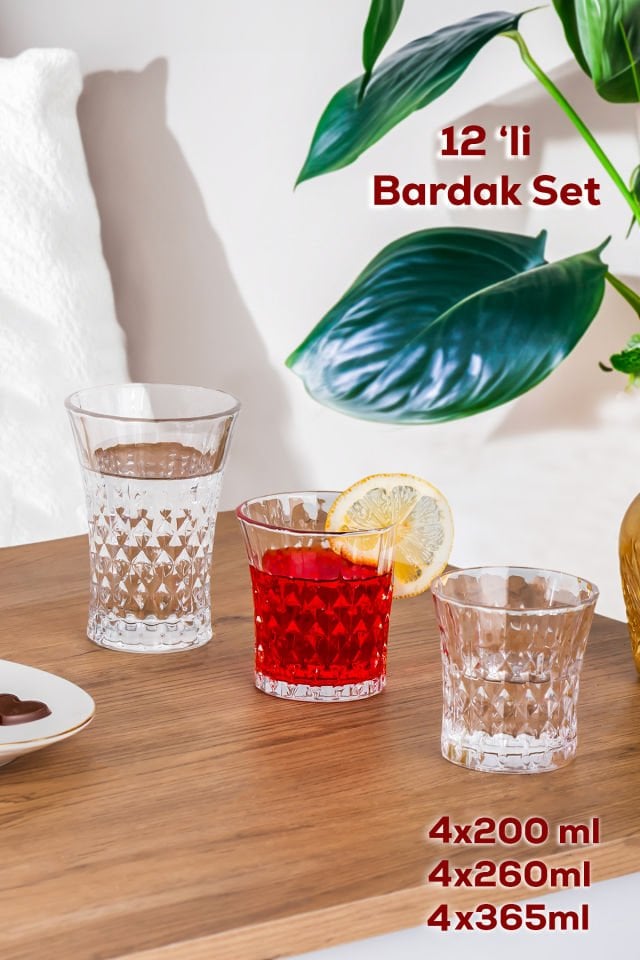Porsima 234 12'li Cam Bardak Seti - Su, Kahve, Meşrubat Bardağı - Su, Bardak Takımı 200ml - 260ml - 365ml
