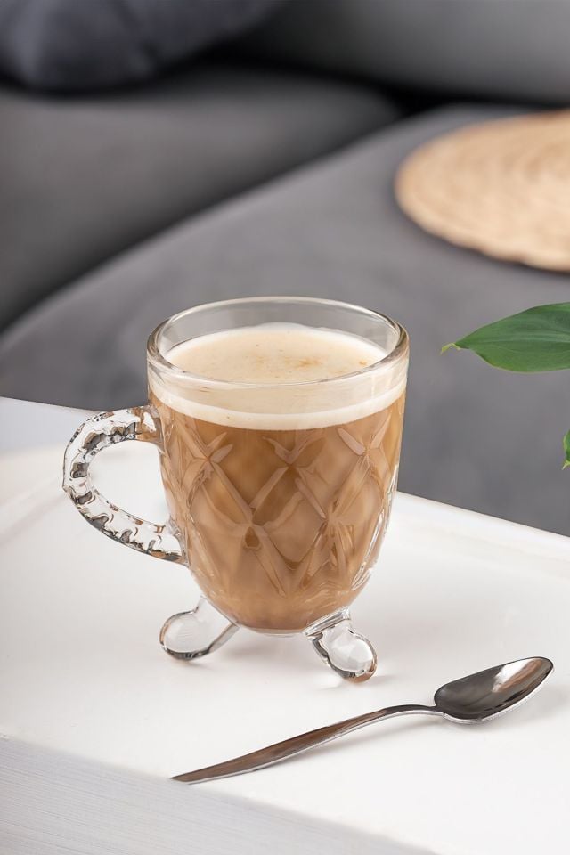 Porsima 15720 Ayaklı Kulplu Boncuk Desenli 4'lü Cam Bardak - Kulplu Çay Kahve Bardağı - 200 Cc