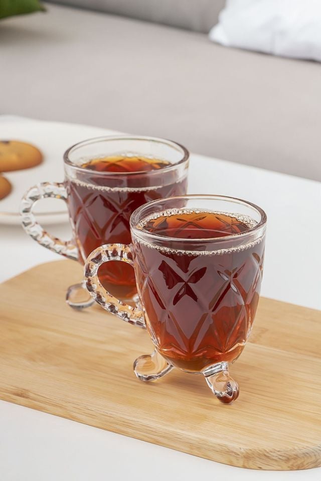 Porsima 15720 Ayaklı Kulplu Boncuk Desenli 4'lü Cam Bardak - Kulplu Çay Kahve Bardağı - 200 Cc