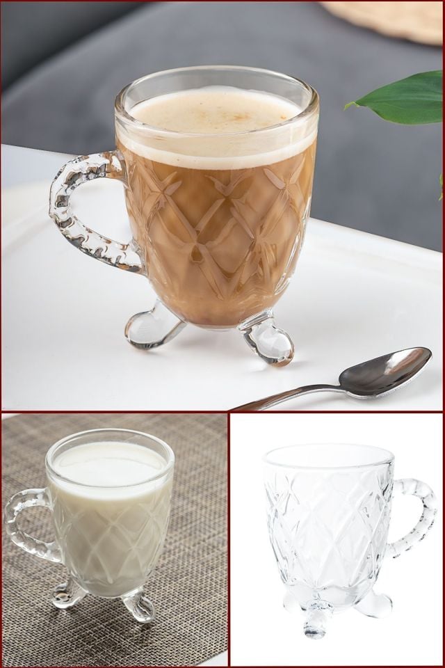 Porsima 15720 Ayaklı Kulplu Boncuk Desenli 4'lü Cam Bardak - Kulplu Çay Kahve Bardağı - 200 Cc