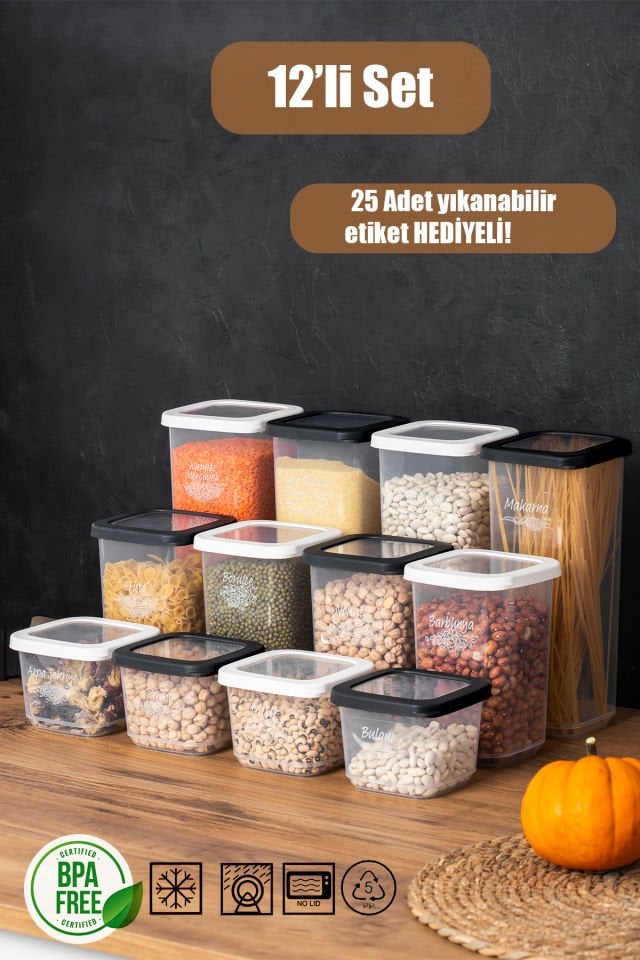 Porsima 1174 12'li Etiketli Renkli Kapaklı Gıda Kavanoz Saklama Kabı Seti Erzak Kabı Organizer Siyah-Beyaz