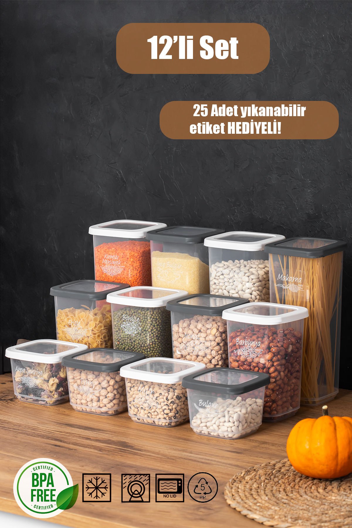 Porsima 1176 12'li Etiketli Renkli Kapaklı Gıda Kavanoz Saklama Kabı Seti Erzak Kabı Organizer Antrasit