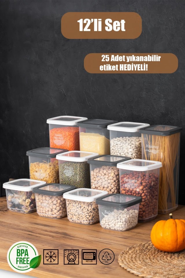 Porsima 1176 12'li Etiketli Renkli Kapaklı Gıda Kavanoz Saklama Kabı Seti Erzak Kabı Organizer Antrasit