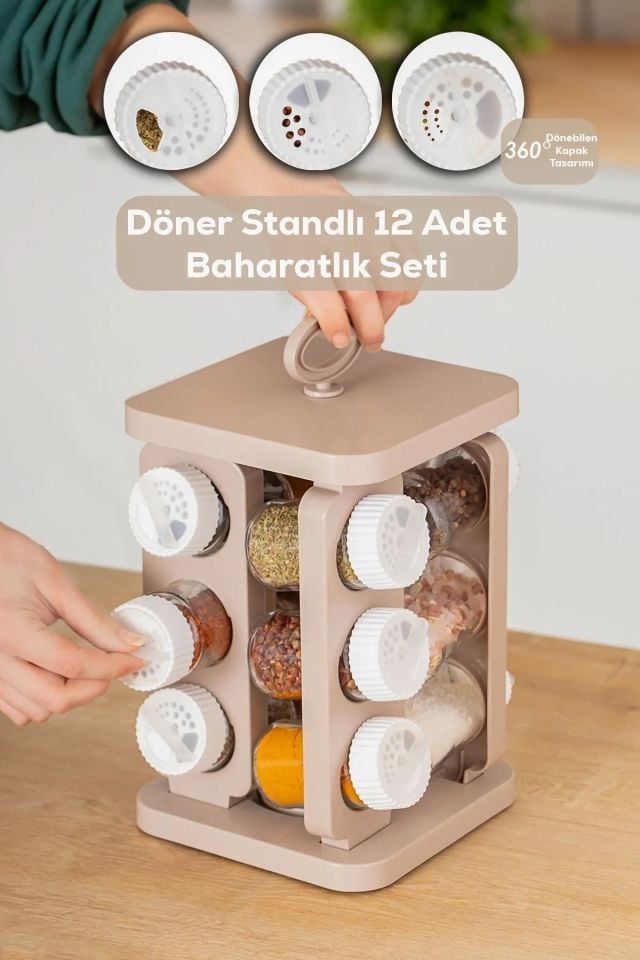 Porsima 1078 Kare Döner Standlı Dönerli Kapaklı 12'li Cam Baharatlık Seti -cappuccino Beyaz