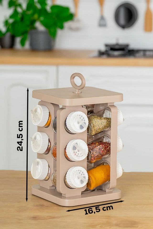 Porsima 1078 Kare Döner Standlı Dönerli Kapaklı 12'li Cam Baharatlık Seti -cappuccino Beyaz