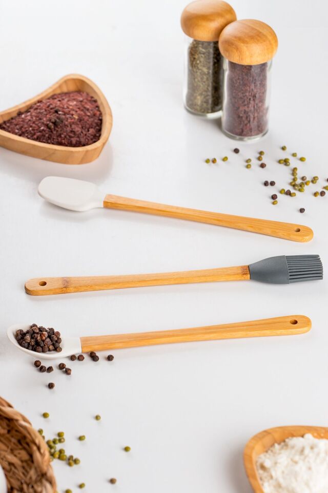 Porsima Mıen 3 Parça Mini Silikon Kaşık Spatula Fırça - Yanmaz Yapışmaz Hazırlık Seti 23 cm