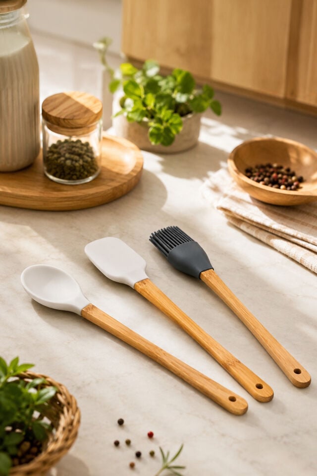 Porsima Mıen 3 Parça Mini Silikon Kaşık Spatula Fırça - Yanmaz Yapışmaz Hazırlık Seti 23 cm