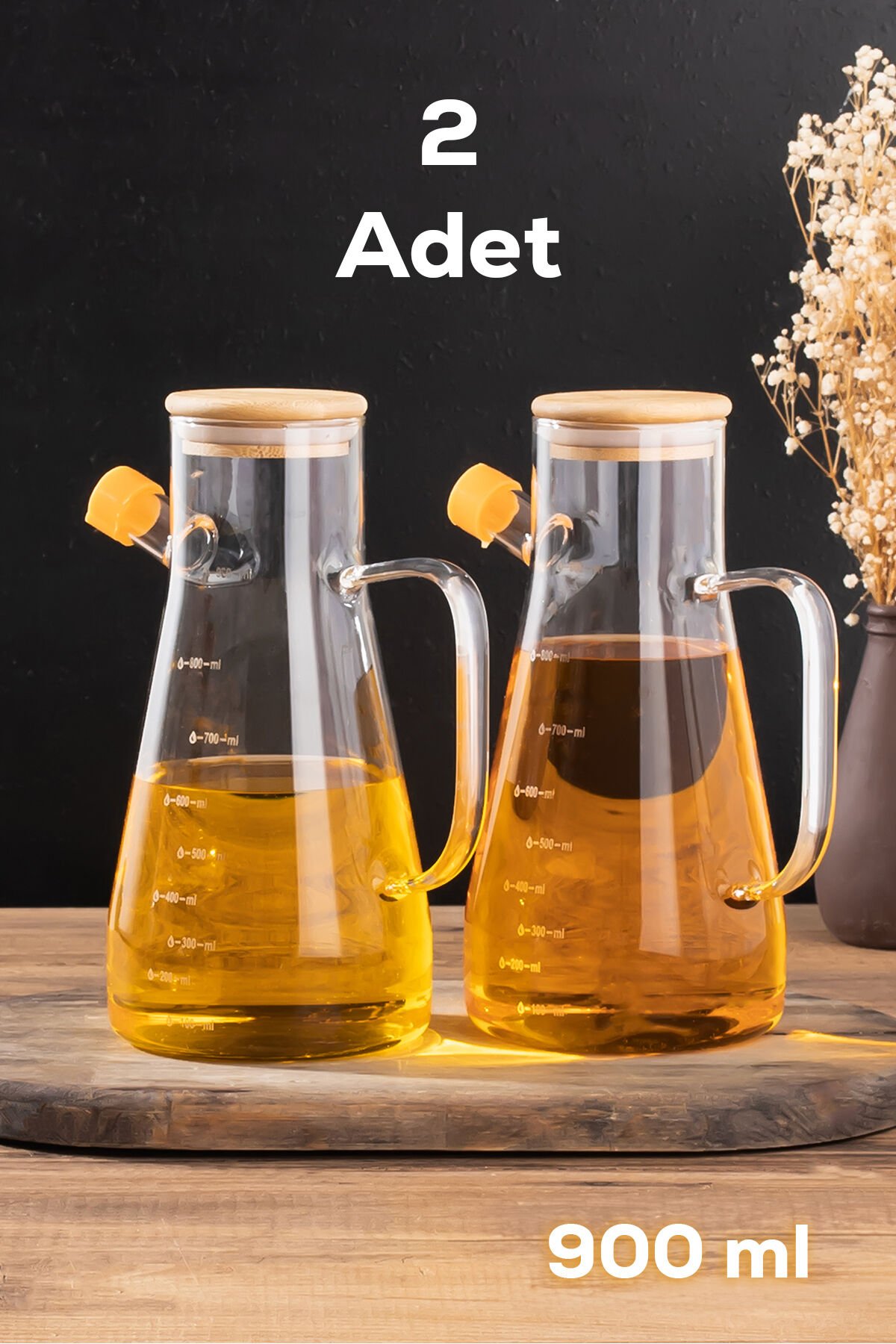 Porsima 401275 2'li Alisa Bambu Kapaklı Borosilikat Ölçekli Cam Yağlık Yağdanlık 900 ml