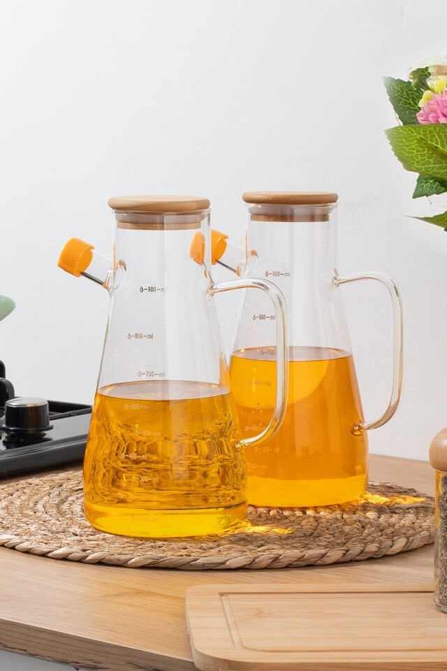 Porsima 401275 2'li Alisa Bambu Kapaklı Borosilikat Ölçekli Cam Yağlık Yağdanlık 900 ml