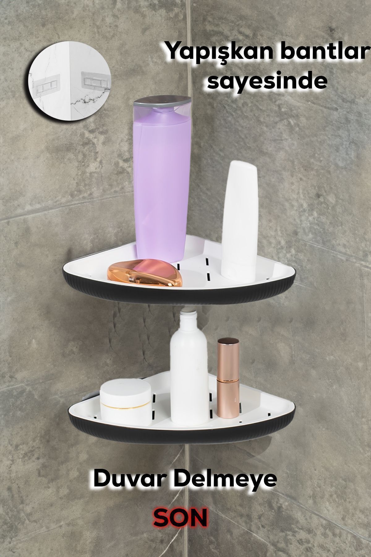 Porsima 0447 2'li İstiridye Banyo Köşe Rafı Yapışkanlı Raf Siyah