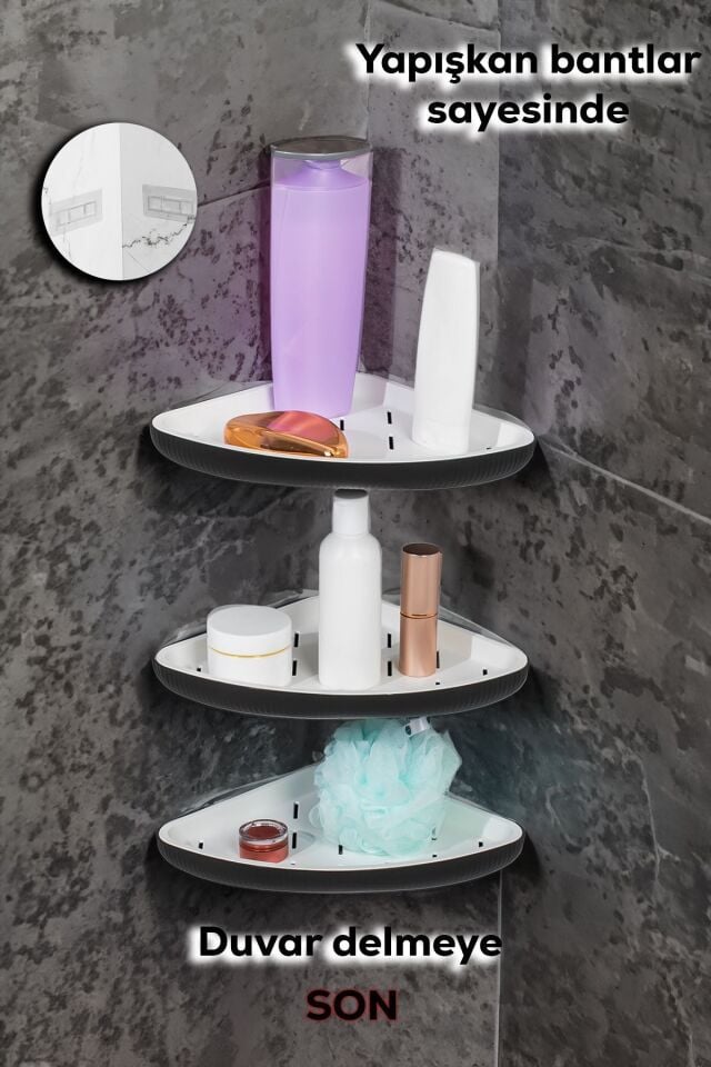 Porsima 0447 3'lü İstiridye Banyo Köşe Rafı Yapışkanlı Raf Siyah